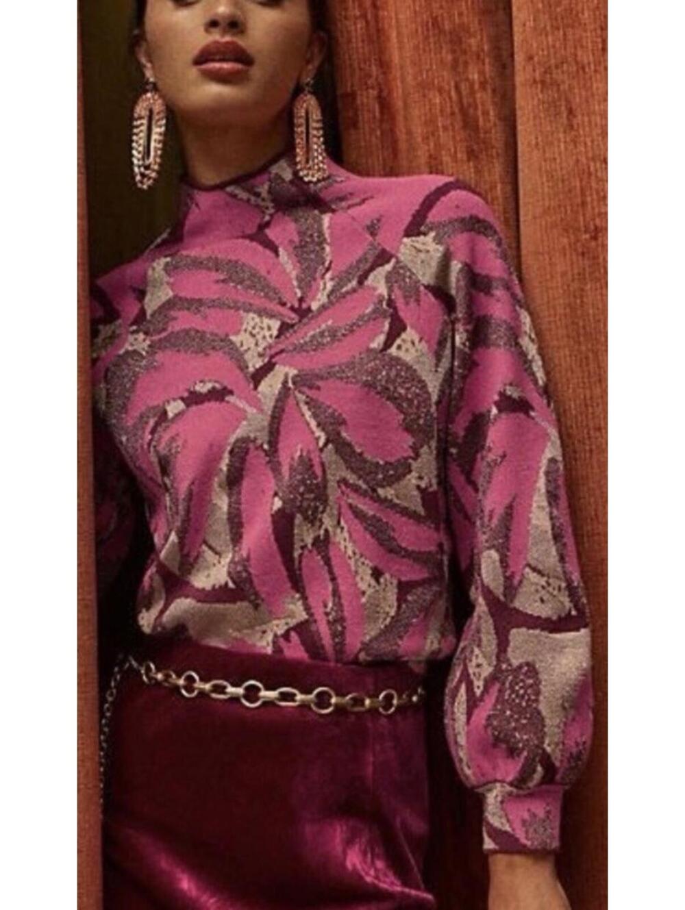Anthropologie The Beatriz Mock Neck Sweater Hot Pink Metallic XSP Xs Petite